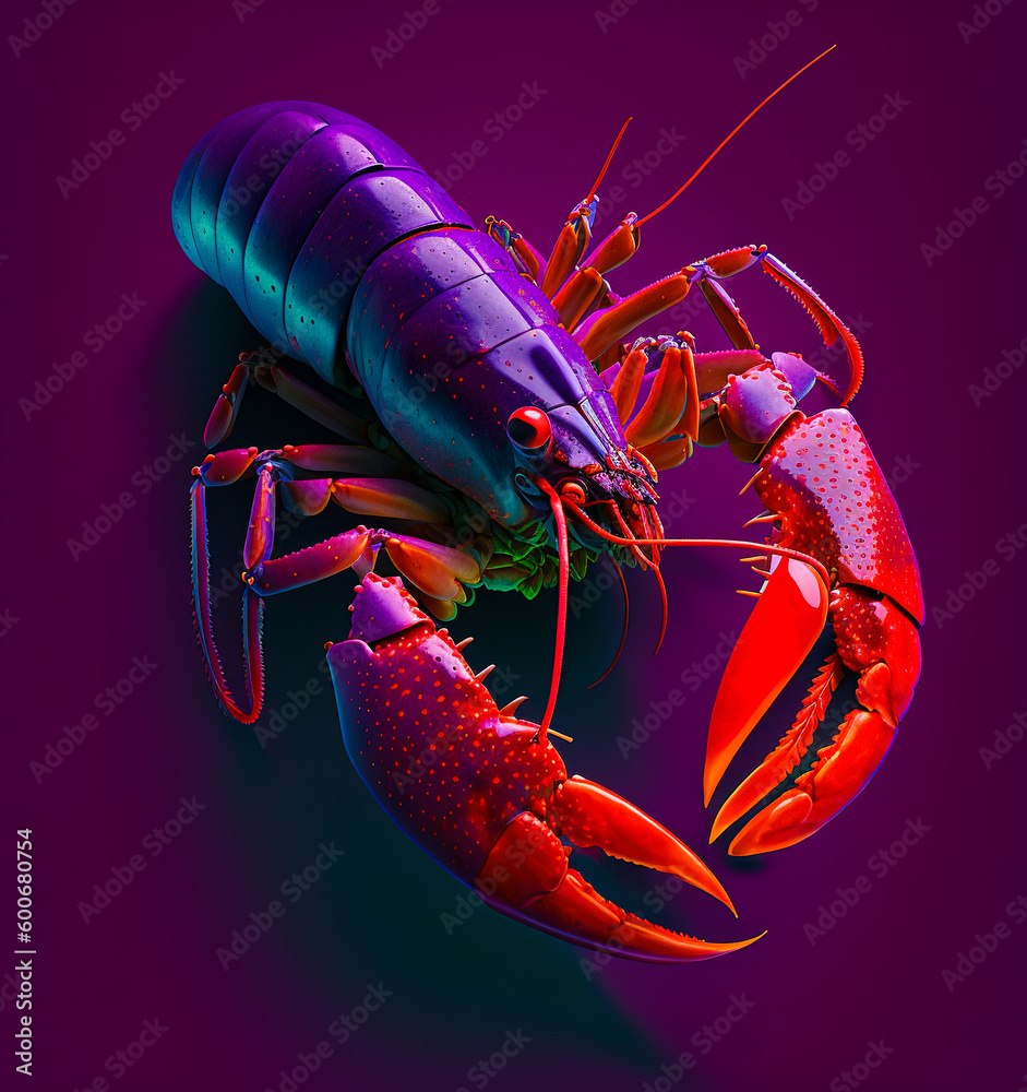 Purple lobster with red claws. Crayfish front part on the purple