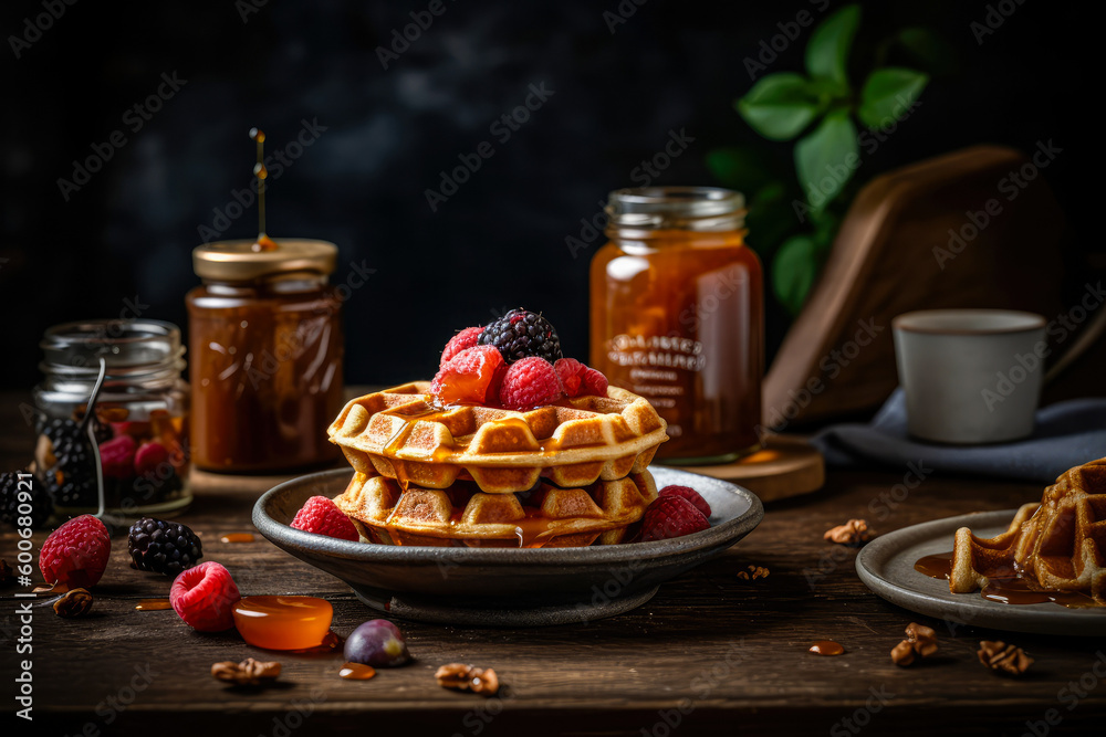 Honey or caramel pouring from jar on a freshmade waffles with strawberries. Breakfast with Belgian waffles. Generative AI Honey or caramel pouring from jar on a freshmade waffles with strawberries. Breakfast with Belgian waffles. Generative AI