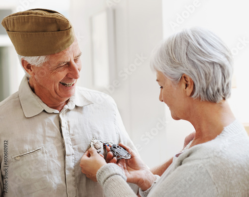 Photography Military veteran, man and woman with medal, uniform and smile together with memory, pride and success