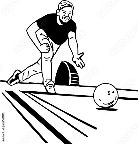 Mann spielt Bowling auf der Bowlingbahn. Vektor Icon der Außenlinien. 
