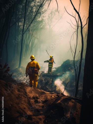 Firefighters wearing yellow uniform walk by the burned ground. Firemen assessing the damage from wildfire. Generative AI.