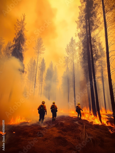 Dangerous wildfire in the forest. A team of professional firefighters extinguishing fire. Generative AI.