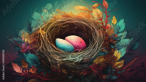 Valokuva illustration of cute two eggs in bird nest, Generative Ai