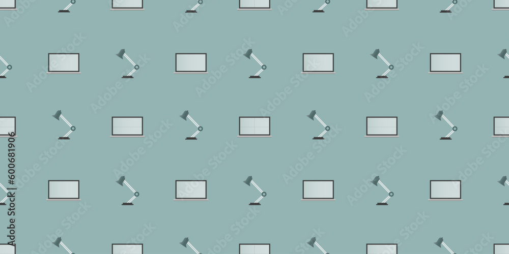 Seamless Pattern - Set of Laptop Computer and Desktop Reading Lamp Objects - Side View, Vector Design on Green Background Seamless Pattern - Set of Laptop Computer and Desktop Reading Lamp Objects - Side View, Vector Design on Green Background