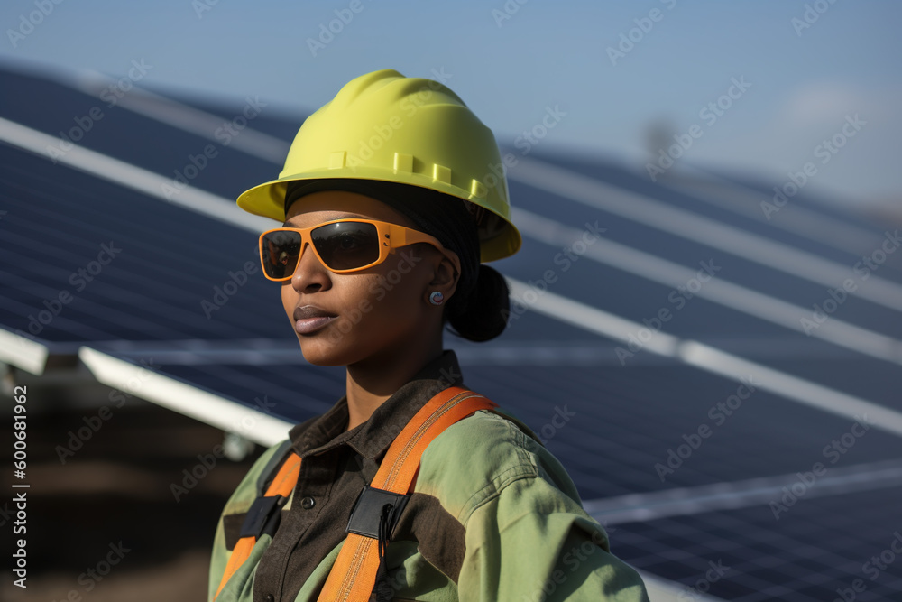 Woman working in the solar industry, with yellow helmet and solar panels in the background. generate by ai Woman working in the solar industry, with yellow helmet and solar panels in the background. generate by ai