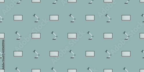 Seamless Pattern - Set of Laptop Computer and Desktop Reading Lamp Objects - Side View, Vector Design on Green Background