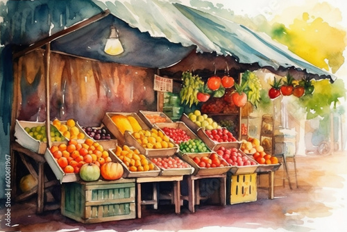 Bright colorful street stall with fruits and vegetables watercolor illustration, Generative AI