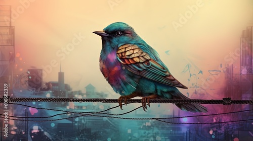 euphoria dreamy aura atmosphere, collage illustration style of a cute small bird on electric wire with cityscape as background, Generative Ai © QuietWord