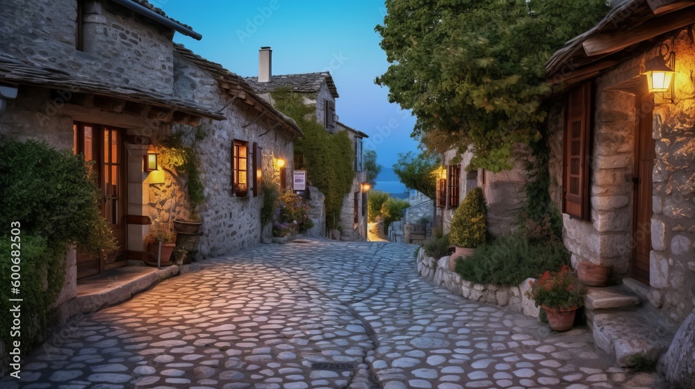 Mediterranean village with cobblestone alley in the evening. Generative AI