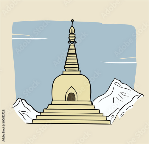 Buddhist Stupa design with mountain background, hand drawn illustration, Vector sketch, linear style