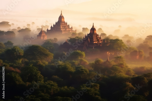 Bagan Valley in Myanmar at sunset. Ancient temples and pagodas, misty sky. Generative AI