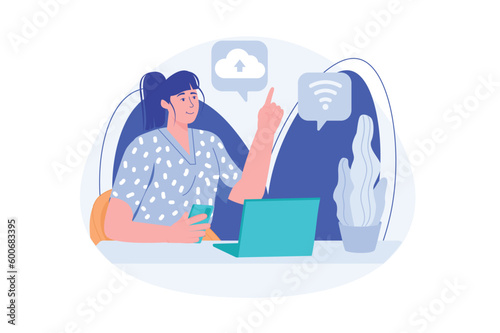 Blue concept Cloud service with people scene in the flat cartoon style. Internet specialist works with cloud services. Vector illustration.