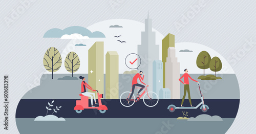 Micromobility as sustainable urban transportation type tiny person concept. Healthy and active transport sharing method with bicycle or electric scooter vector illustration. Fast and effective devices