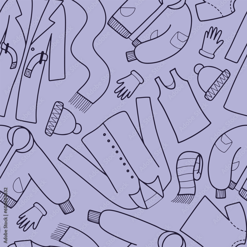 Hand drawn vector seamless pattern with different outwear and warm clothes for cold seasons
