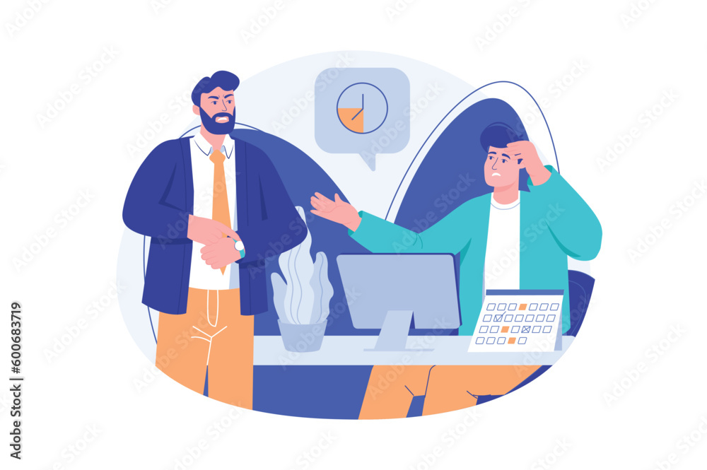 Deadline blue concept with people scene in the flat cartoon style. Director reminds the employee that tasks must be completed on time. Vector illustration. Deadline blue concept with people scene in the flat cartoon style. Director reminds the employee that tasks must be completed on time. Vector illustration.
