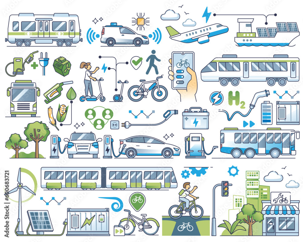 Sustainable transportation or environmental power type outline collection set. Elements with green electricity powered vehicle, aviation and public transport as smart alternative vector illustration. - obrazy, fototapety, plakaty 