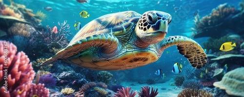 Bueautiful sea turtle underwater crystal blue ocean. Generative AI © CYBERUSS