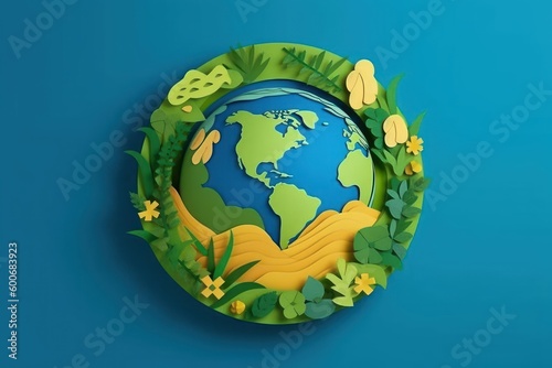 Eco friendly Earth in papercut style blue background, Earth day and World Environment day. Generative Ai