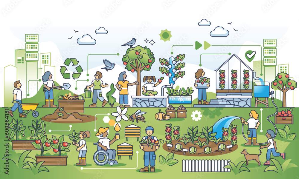Harmony in urban sustainability and city gardening lifestyle outline concept. Ecological and nature friendly thinking community with local food growing and eco farming vector illustration. Calm living