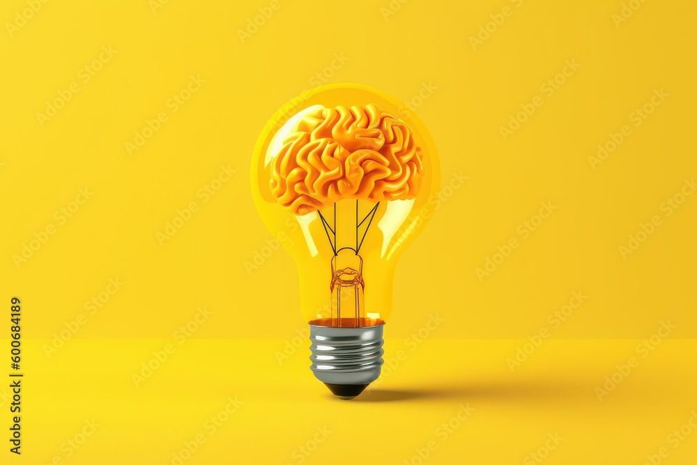 Lightbulb as brain shape yellow background, creative ideas and brainstorming concept. Generative AI Lightbulb as brain shape yellow background, creative ideas and brainstorming concept. Generative AI