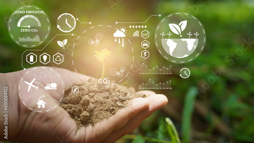 Icon concept circulating in hands for environment, society and governance. Networked connections on green background.eco
