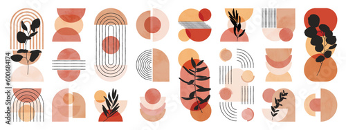 Hand drawn abstract minimal element mid century vector set. Aesthetic contemporary stripe line art, watercolor geometric shapes in earth tone. Art form design for wall art, decoration, wallpaper.