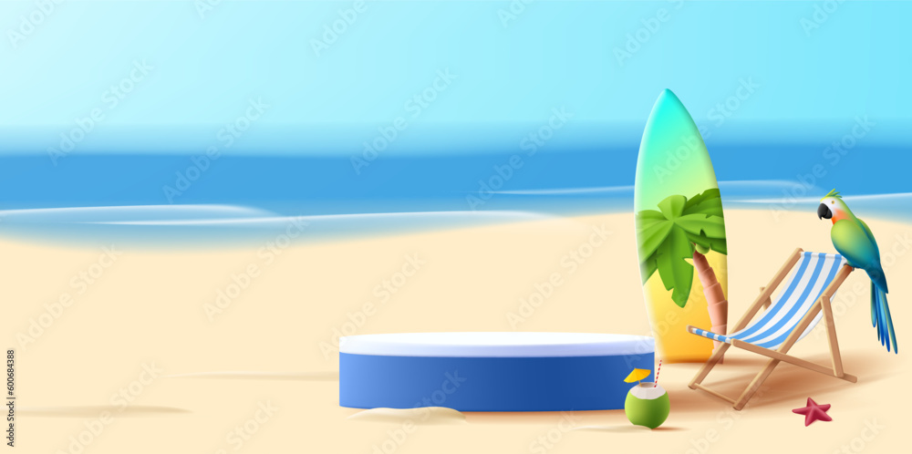 Holiday landscape with 3d summer composition with product placement pedestal on the beach with beach chair and surfboard with coconut cocktail and starfish