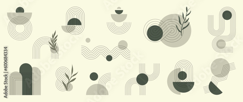 Hand drawn abstract minimal element mid century vector set. Aesthetic contemporary stripe line art, geometric shape in monochrome, black and white. Art form design for wall art, decoration, wallpaper.