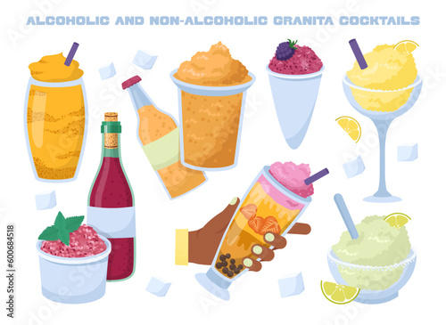 Granita cocktail set. Fresh fruit granita beverage, italian frozen dessert