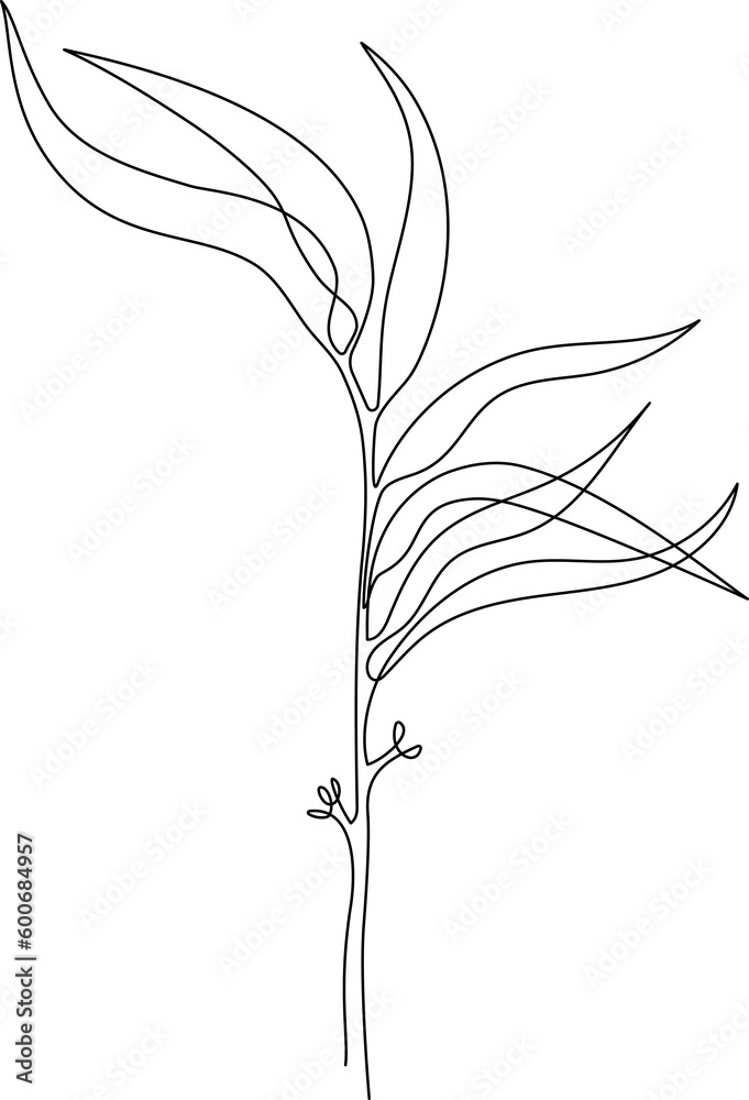 Obraz premium One line drawing of leaves, branch, flowers. Continuous line drawing of eucalyptus leaves. Floral single line poster. Contour drawing of plant. Abstract line art branch in modern linear style