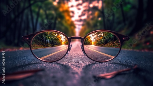 Creative trending photography of the road leading to the light source behind the glasses. Generative ai.