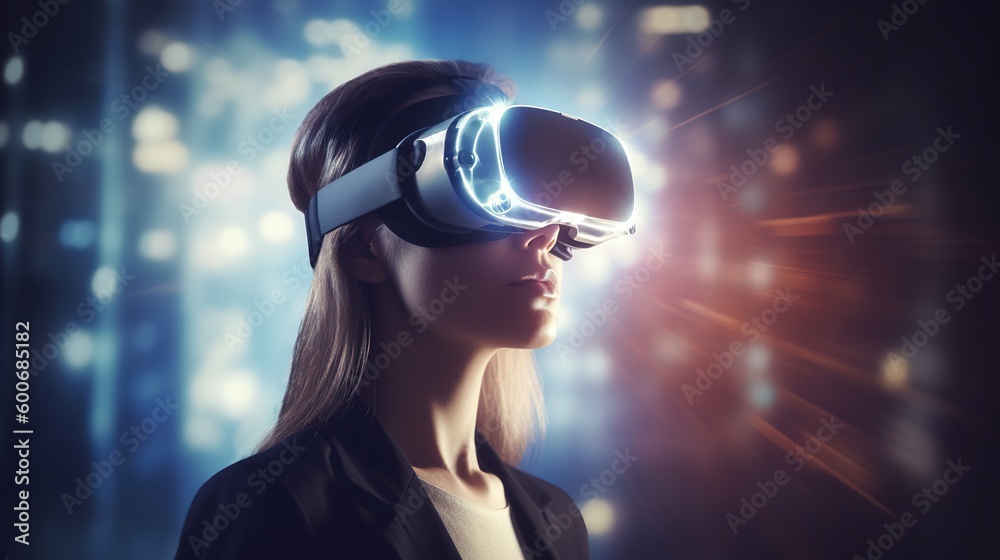 virtual reality glasses. A woman in virtual reality glasses works in the office. Business project for a startup. generative ai. virtual reality glasses. A woman in virtual reality glasses works in the office. Business project for a startup. generative ai.