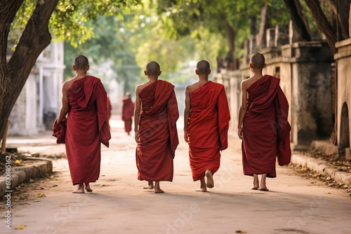 Novice Buddhist monks walking barefoot outdoors, rear view. Generative AI