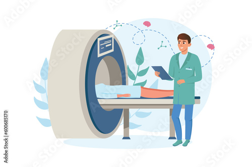 MRI machine medicine concept with people scene in the flat cartoon design. The doctor does an MRI on the patient to check the whole body. Vector illustration.
