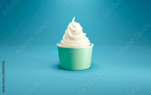 Soft serve ice cream in a green cup on blue studio background