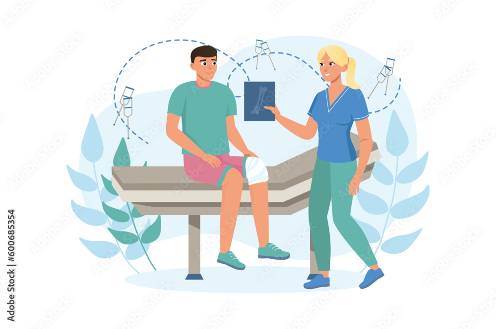 Surgeon's appointment medicine concept with people scene in the flat cartoon style. The surgeon advises the patient how to treat his knee. Vector illustration. - obrazy, fototapety, plakaty 