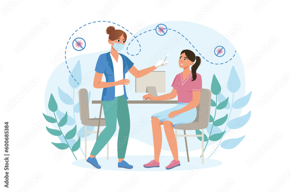 Covid test medicine concept with people scene in the flat cartoon design. Girl came to the special laboratory to do COVID test. Vector illustration.