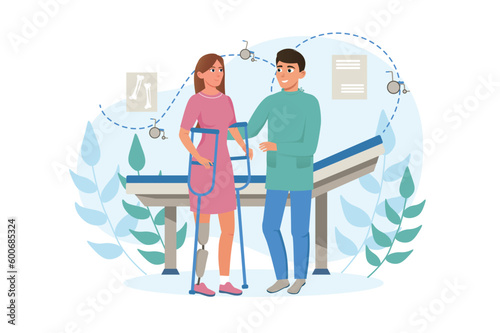Disability rehabilitation medicine concept with people scene in the flat cartoon design. A doctor helps a woman get used to a new prosthesis that replaces her leg. Vector illustration.