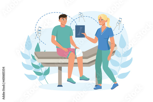 Surgeon's appointment medicine concept with people scene in the flat cartoon style. The surgeon advises the patient how to treat his knee. Vector illustration.