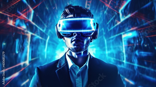 virtual reality glasses. Young businessman in virtual reality glasses. Business project for a startup. Generative ai.