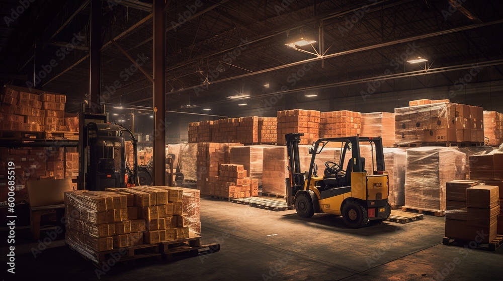 Photo of a large warehouse with goods, a loader sorts goods. Generative ai.