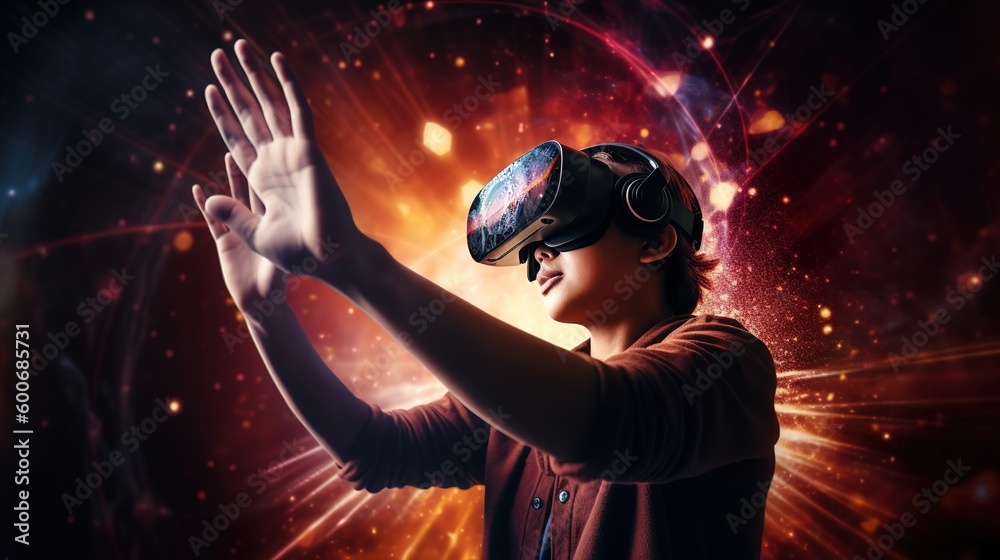 Future digital technology metaverse game and entertainment, Teenager having fun play VR virtual reality goggle, sport game 3D cyber space futuristic neon colorful background. Generative AI Future digital technology metaverse game and entertainment, Teenager having fun play VR virtual reality goggle, sport game 3D cyber space futuristic neon colorful background. Generative AI