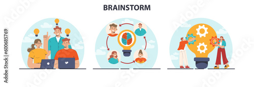 Brainstorm set. New idea generation in teamwork discussion. Creative character