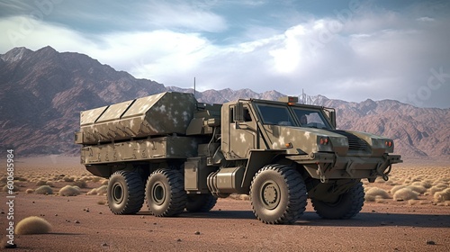 Imposing Military Vehicle: Showcase of Advanced Defense, Tactical Mobility, Armor Strength, and Strategic Warfare photo