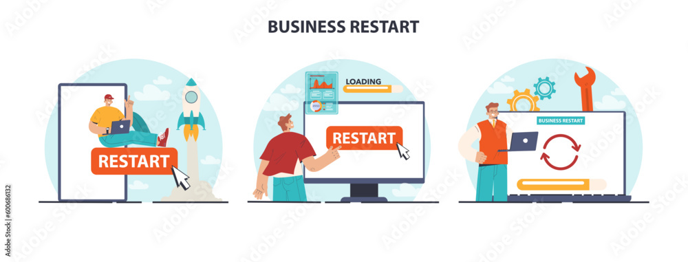 Business restart set. Company reopening or project reboot. New chance