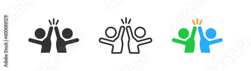 High five icon on light background. Team symbol. High 5, celebrating, succes, clapping, friendship, business. Outline, flat and colored style. Flat design.