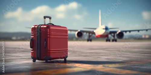 Traveler suitcase with airplane background, Summer vacation concept. Generative AI