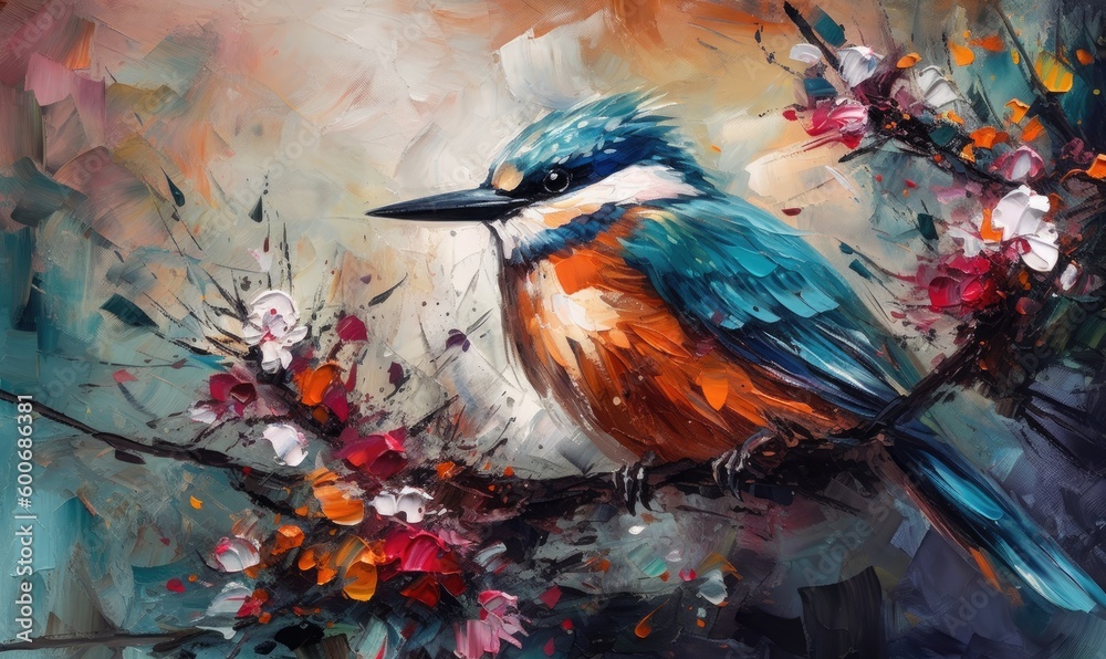 Acrylic painting of bird and spring flower. Modern art paintings brush stroke on canvas, generative AI Acrylic painting of bird and spring flower. Modern art paintings brush stroke on canvas, generative AI
