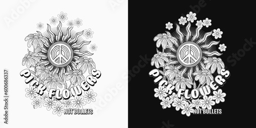 Black and white summer label with sun, peace symbol, chamomile, text. Groovy, hippie retro style. For clothing, apparel, T-shirts, surface decoration