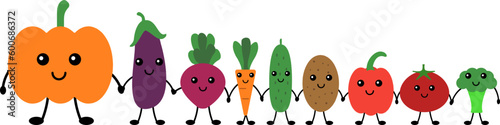 Funny vegetables hold hands, vector. Pumpkin and eggplant, beets and carrots, potatoes, cucumbers and tomatoes, peppers and broccoli. Vegetables with cute faces.